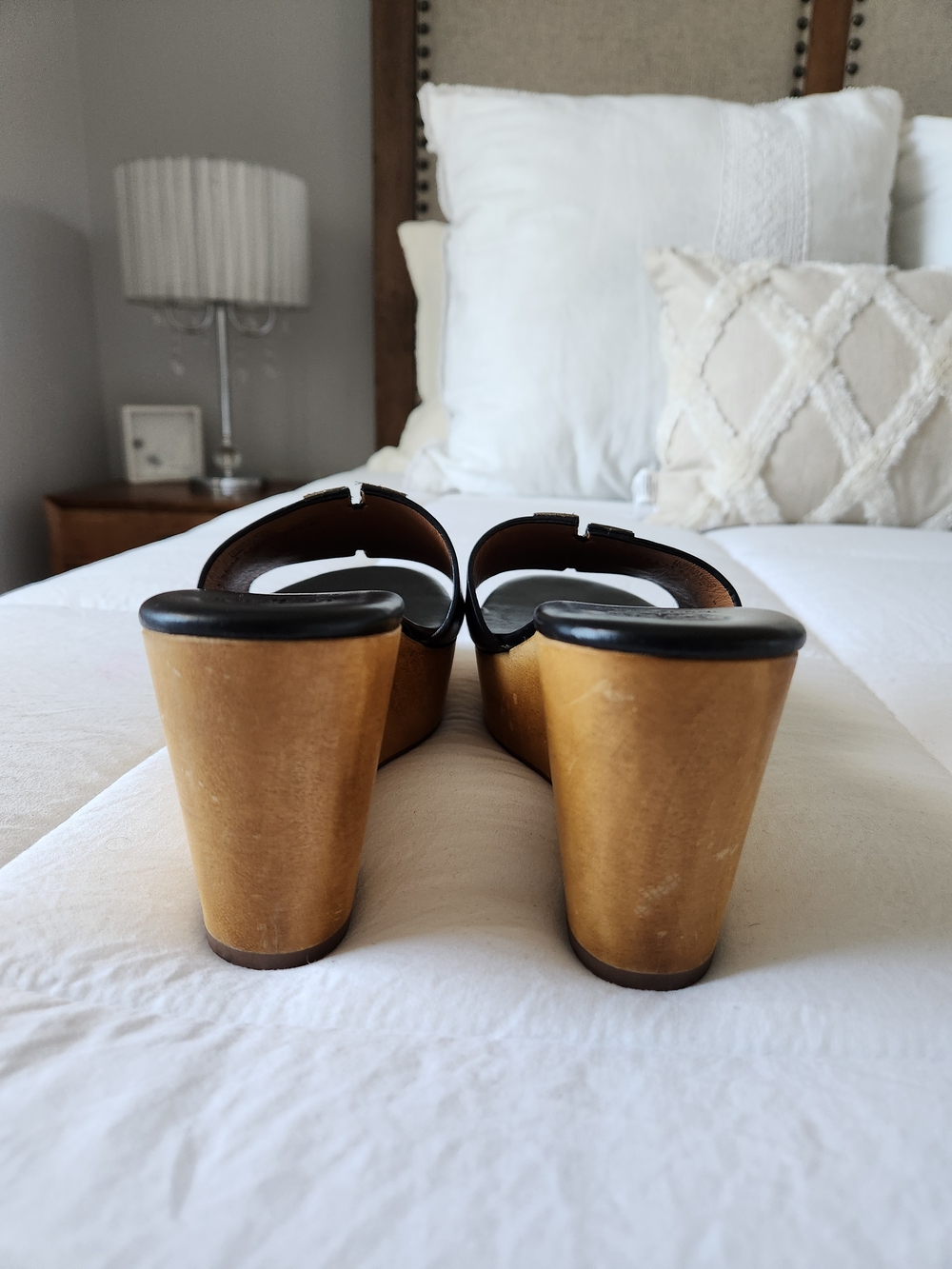 Tory Burch Black Leather Logo Slide Clogs with Wood-Look Wedge - Picture 7 of 8